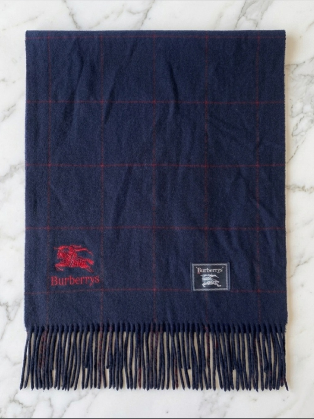 Vintage Burberrys of London 100% Wool Navy Blue‎ Check Scarf Blanket 30x51